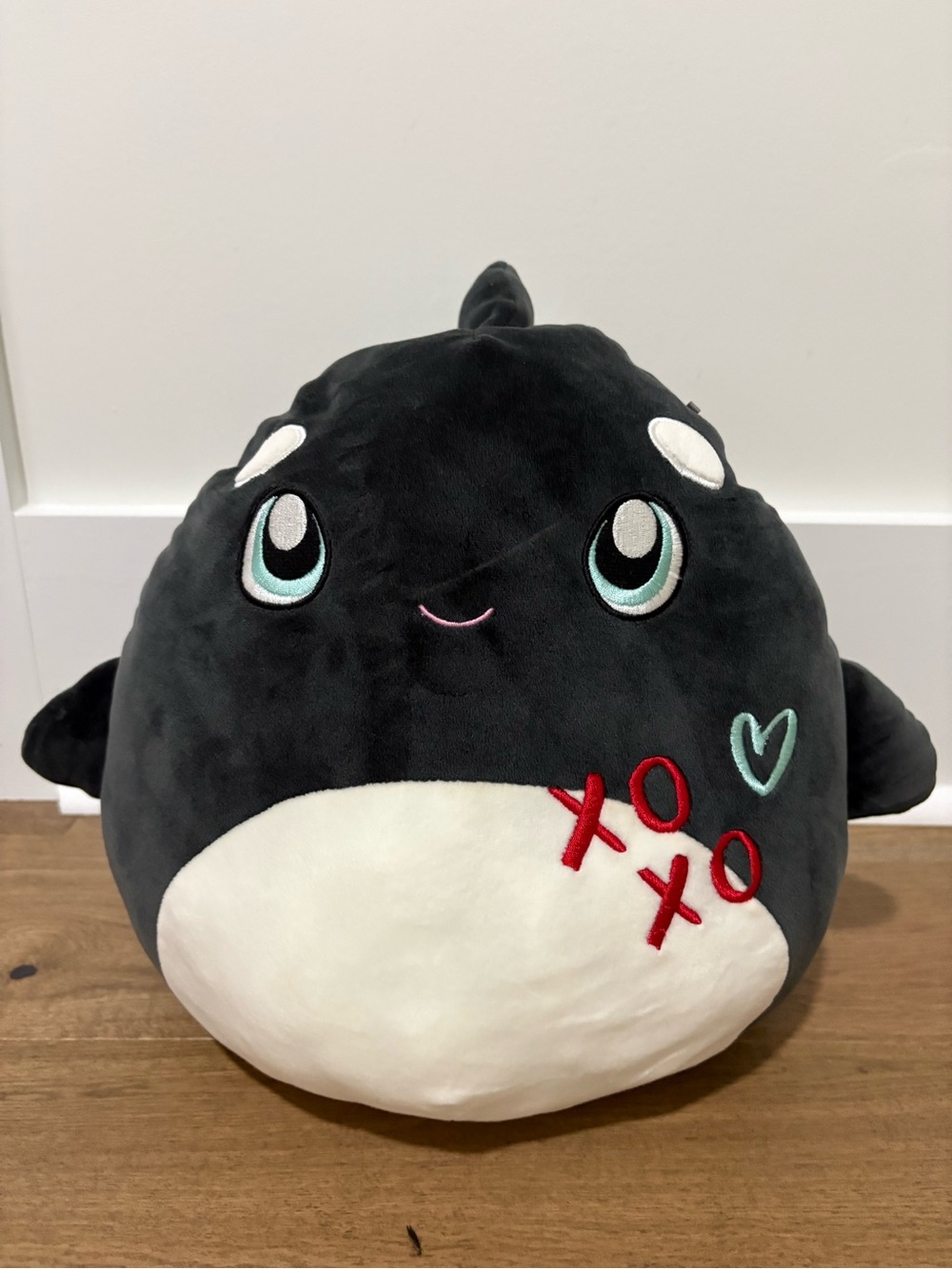Squishmallows Black and White Orca Plush with Red and Teal Embroidery